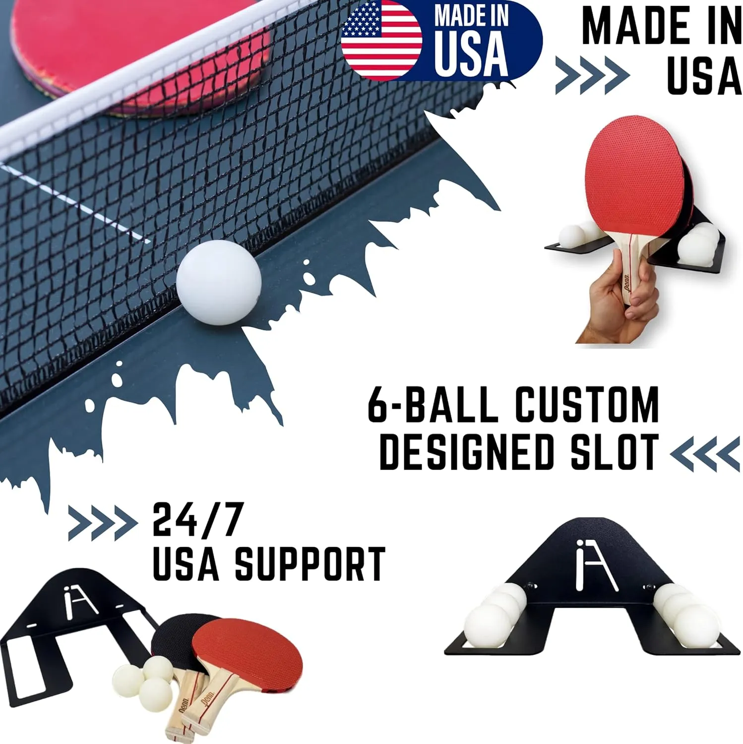 IRON AMERICAN Elite Ping Pong and Table Tennis Storage Rack, Made in USA - 1.375 Inch Slot for Balls and 3.25 Inch Slot for Paddles, Ping Pong Ball Holder, Hardware Included