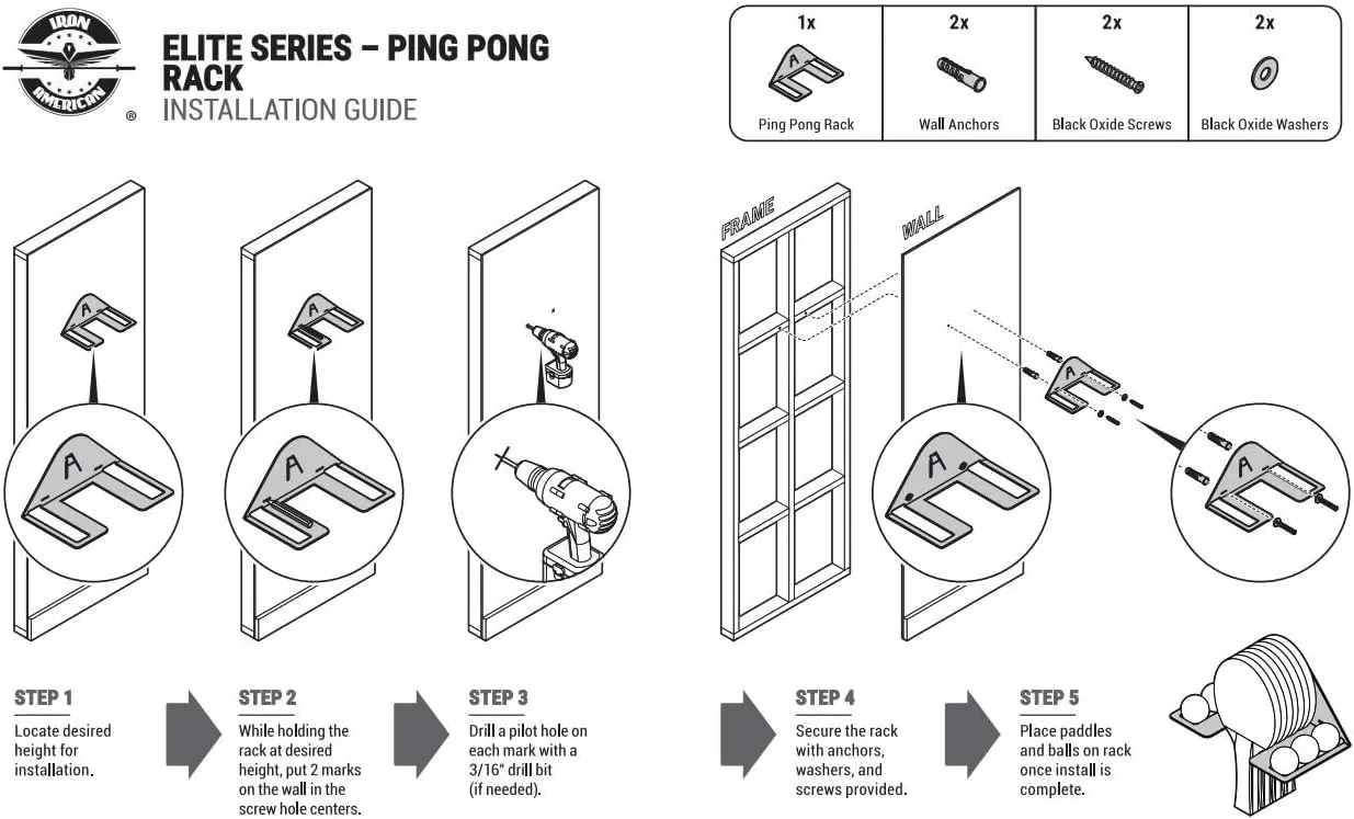 IRON AMERICAN Elite Ping Pong and Table Tennis Storage Rack, Made in USA - 1.375 Inch Slot for Balls and 3.25 Inch Slot for Paddles, Ping Pong Ball Holder, Hardware Included