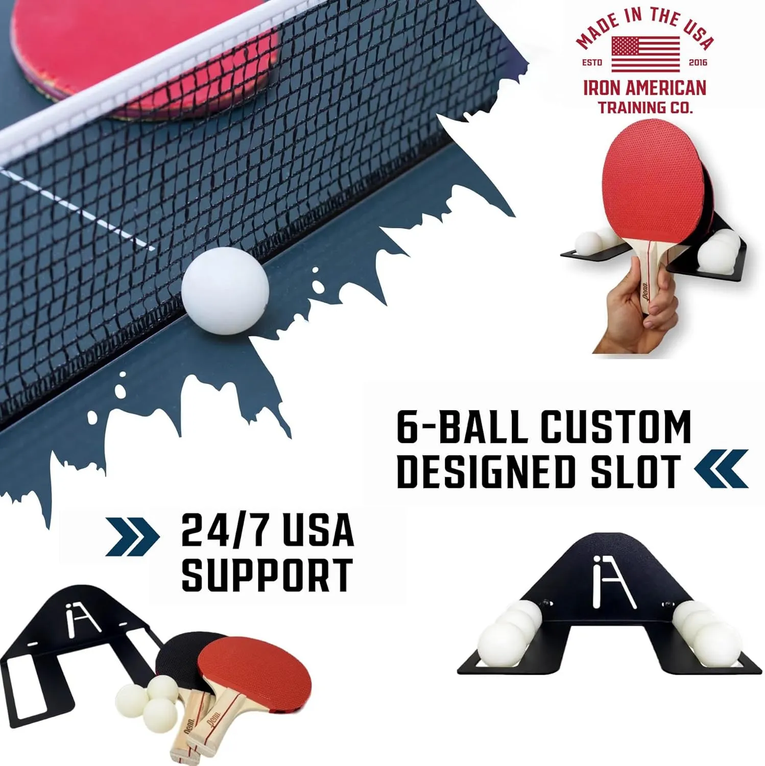 IRON AMERICAN Elite Ping Pong and Table Tennis Storage Rack, Made in USA - 1.375 Inch Slot for Balls and 3.25 Inch Slot for Paddles, Ping Pong Ball Holder, Hardware Included
