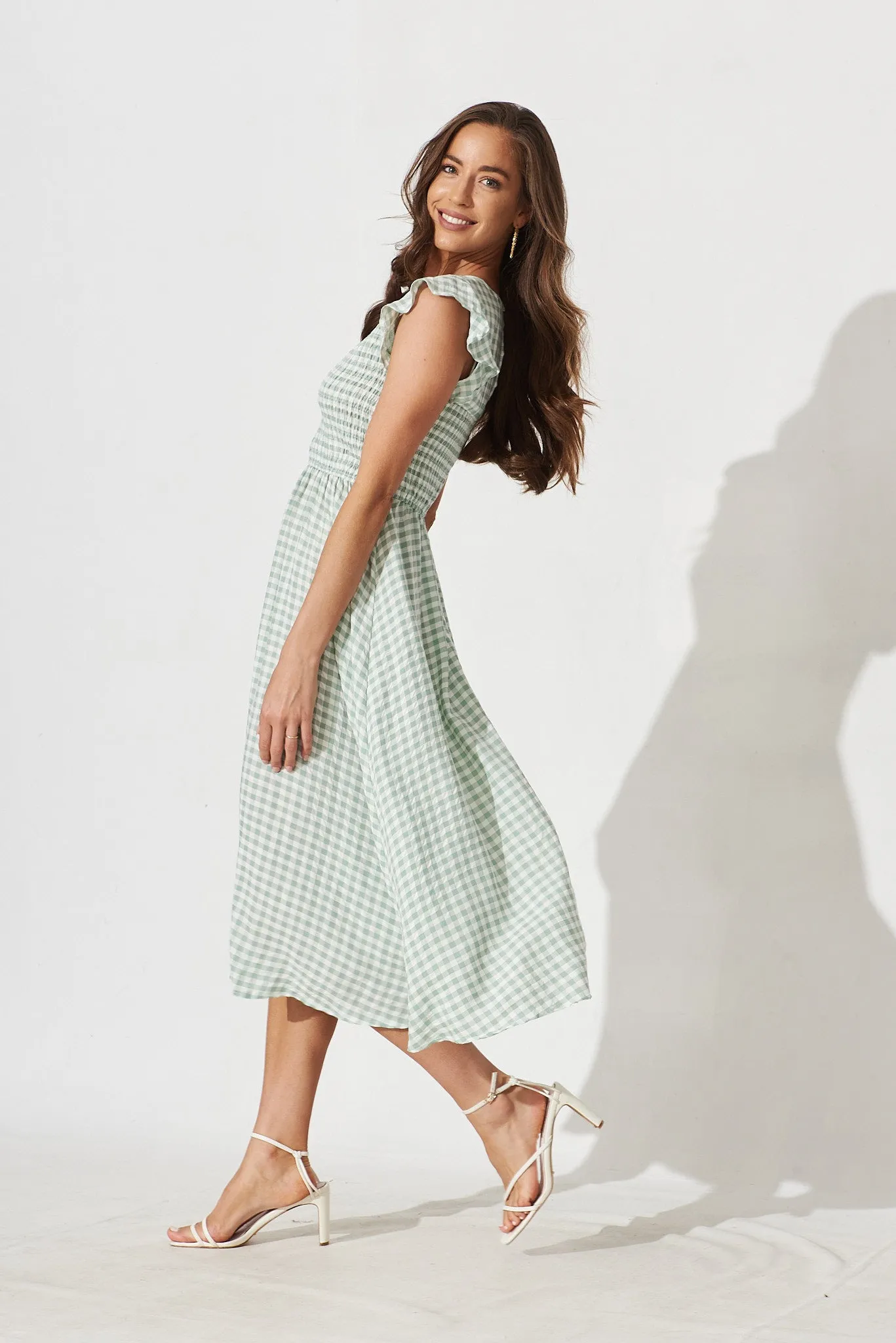 Jeannie Midi Dress In Green With White Gingham