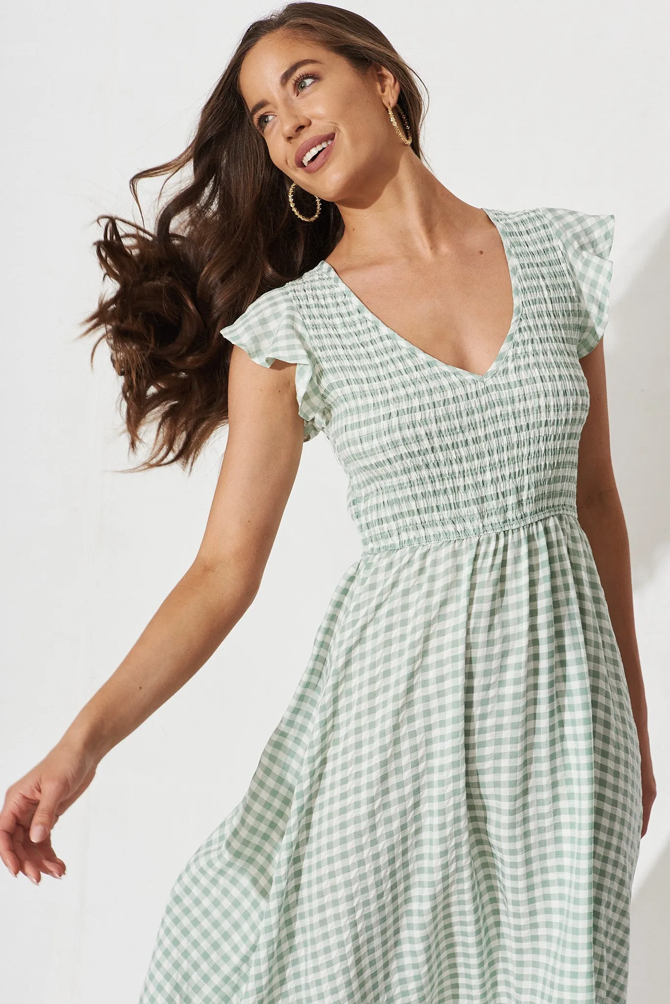 Jeannie Midi Dress In Green With White Gingham