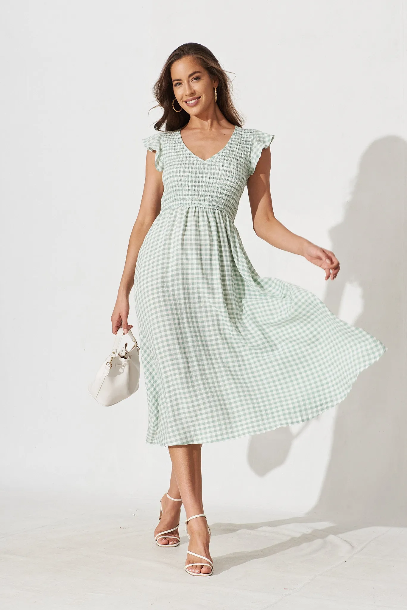 Jeannie Midi Dress In Green With White Gingham