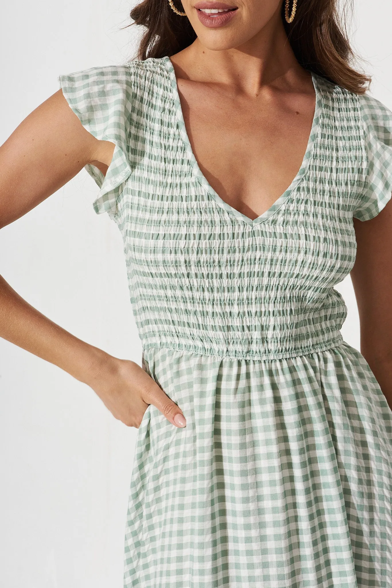 Jeannie Midi Dress In Green With White Gingham
