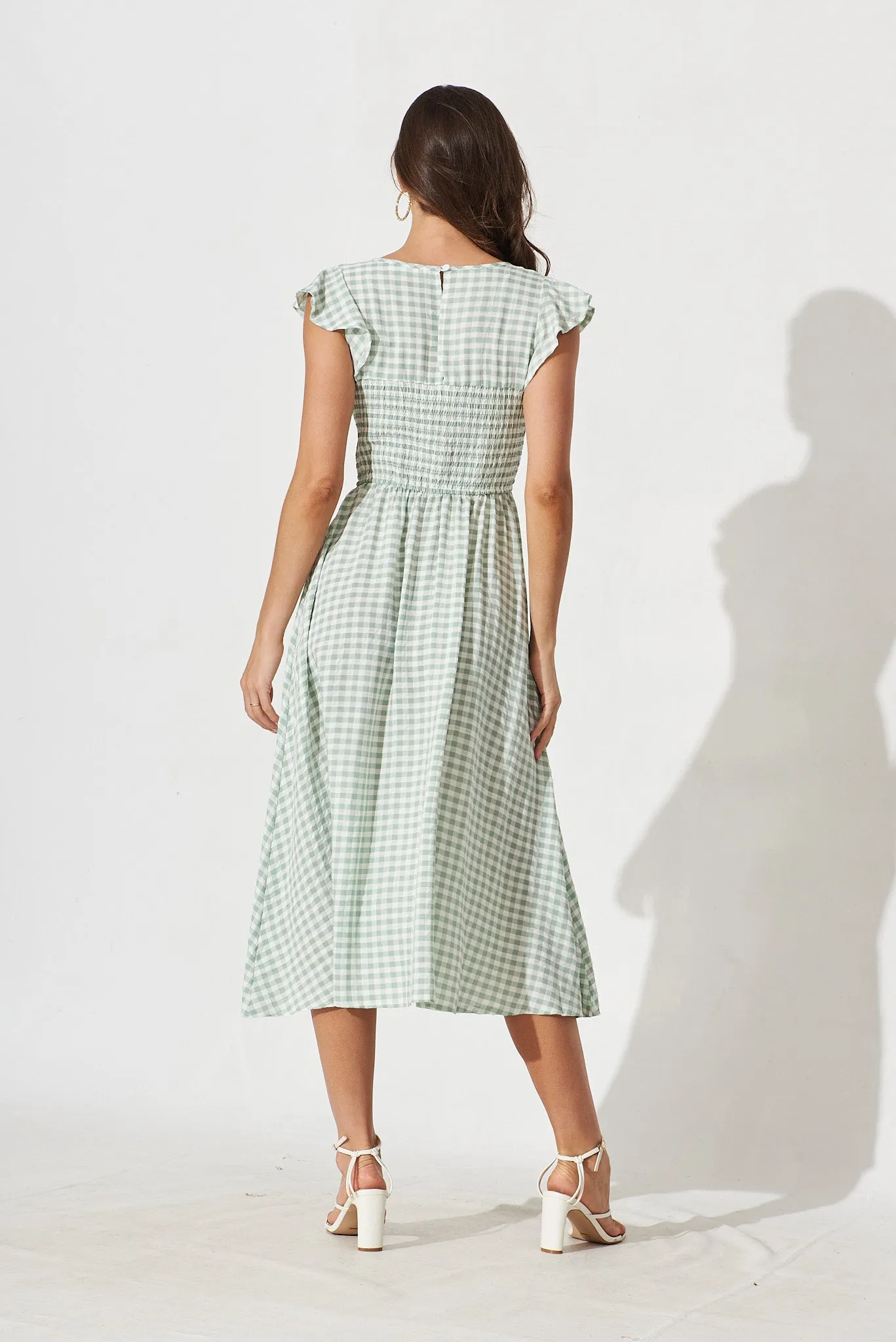 Jeannie Midi Dress In Green With White Gingham