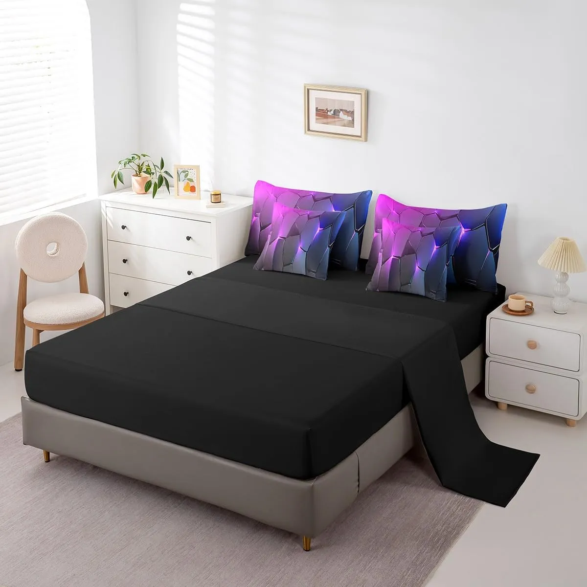 jejeloiu Geometric Comforter Queen 7 Pcs Honeycomb Hexagonal Geometrical Beehive Bedding Set Black Purple Simple Modern Abstract Art Bed in a Bag with Comforter, Sheets, Pillowcases & Cushion Cover