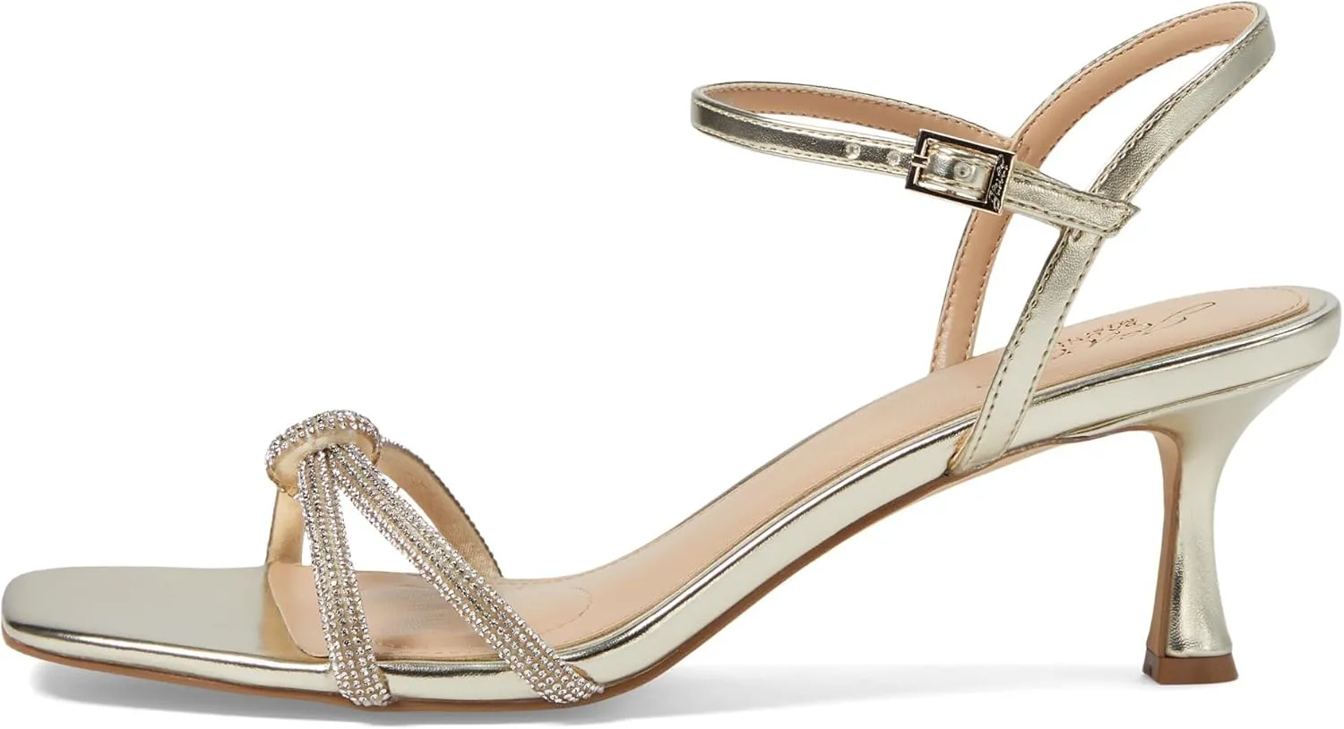 Jewel Badgley Mischka Maci Metallic Sandal with Rhinestone Knot Detail