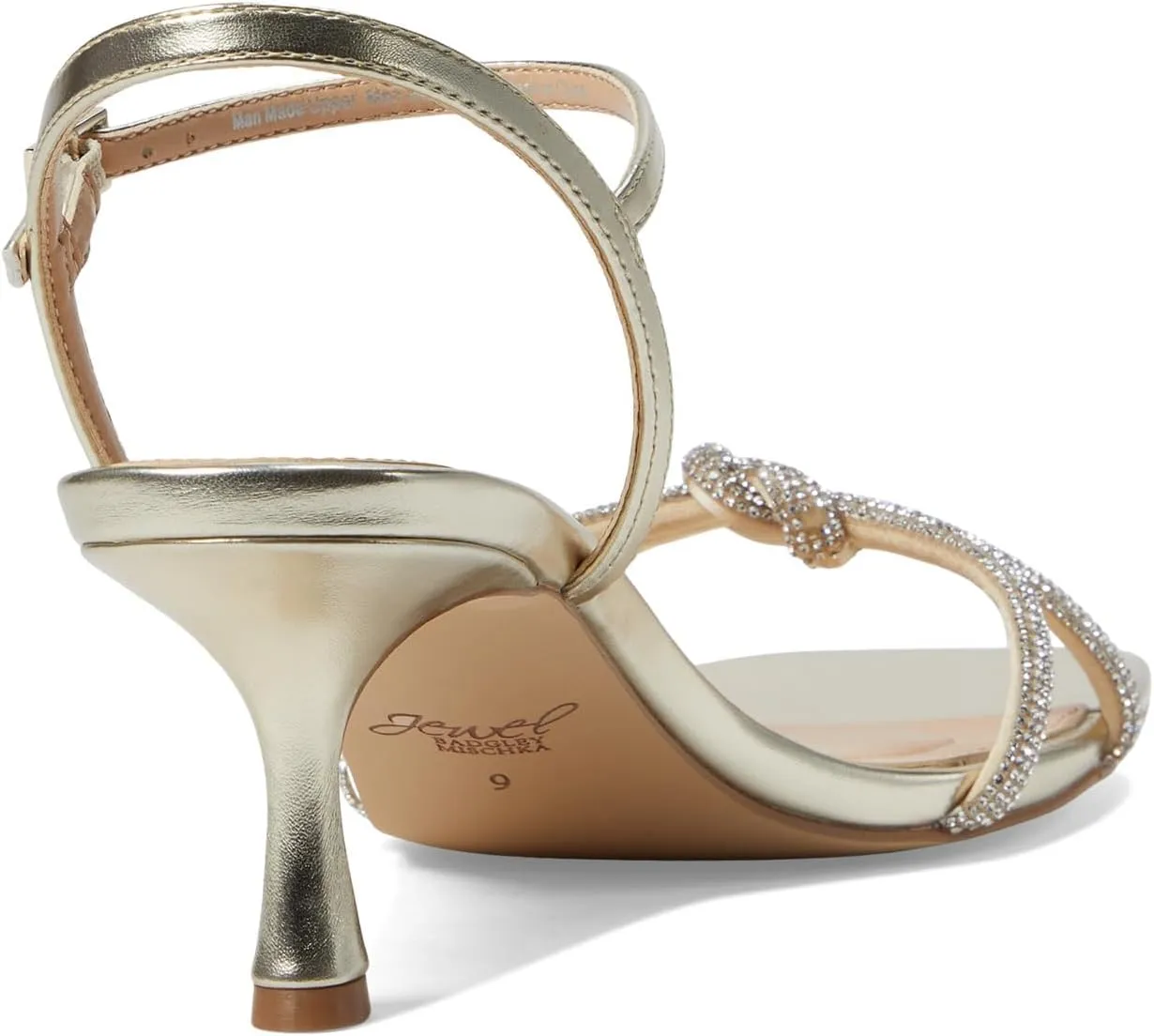 Jewel Badgley Mischka Maci Metallic Sandal with Rhinestone Knot Detail