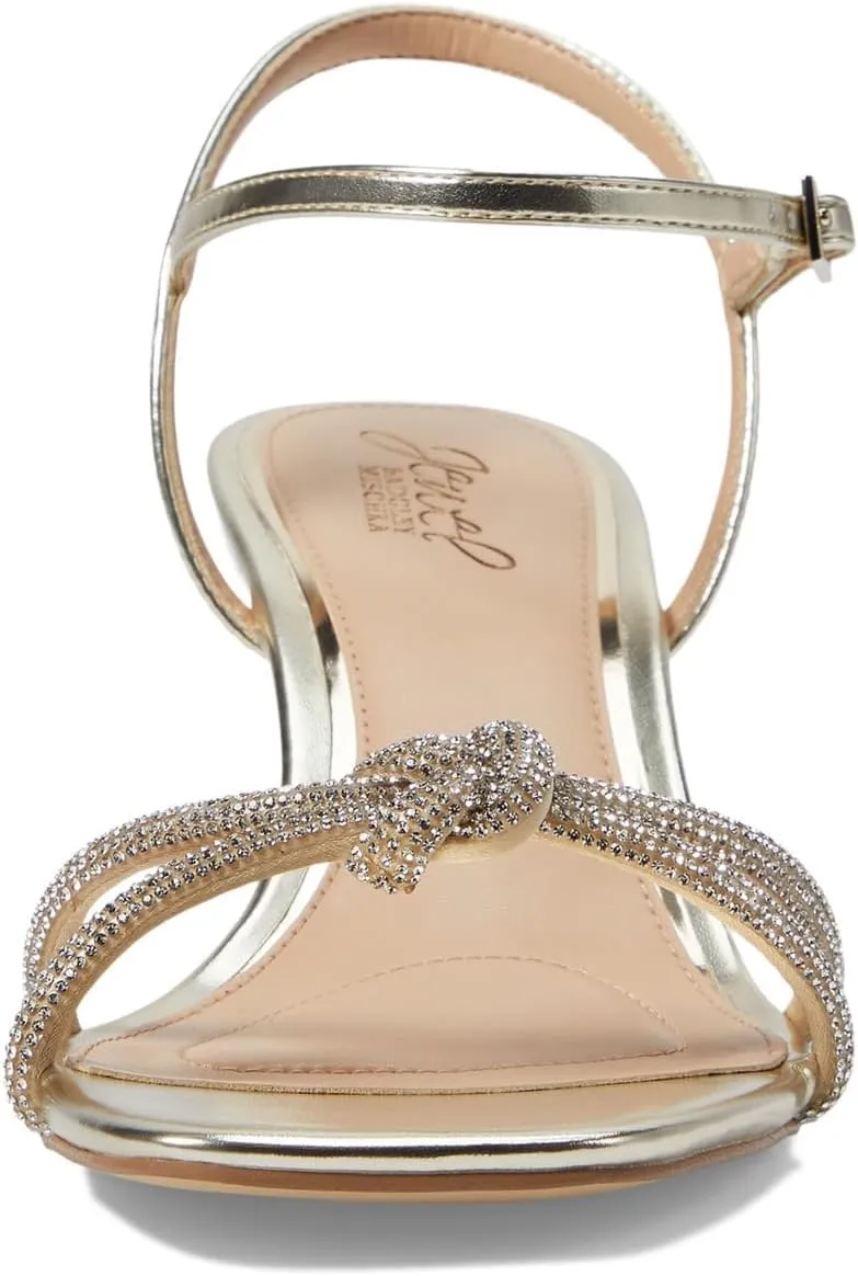 Jewel Badgley Mischka Maci Metallic Sandal with Rhinestone Knot Detail