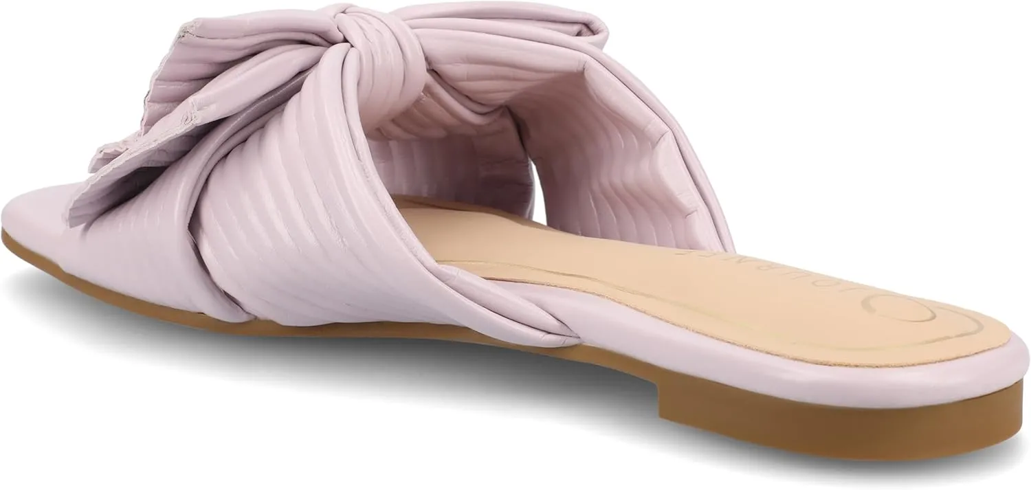 Journee Womens Pleated Metallic Bow Knot Low Block Heel Padded Open Square Toe Serlina Slide Sandal