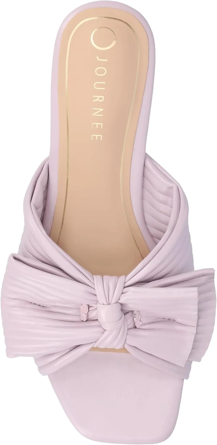 Journee Womens Pleated Metallic Bow Knot Low Block Heel Padded Open Square Toe Serlina Slide Sandal