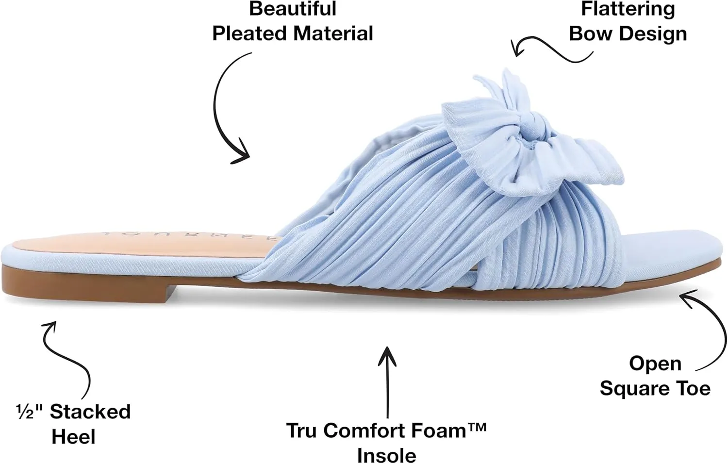 Journee Womens Pleated Metallic Bow Knot Low Block Heel Padded Open Square Toe Serlina Slide Sandal