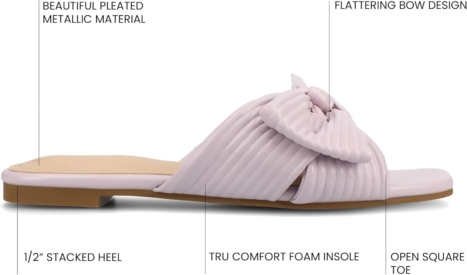 Journee Womens Pleated Metallic Bow Knot Low Block Heel Padded Open Square Toe Serlina Slide Sandal