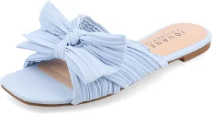 Journee Womens Pleated Metallic Bow Knot Low Block Heel Padded Open Square Toe Serlina Slide Sandal