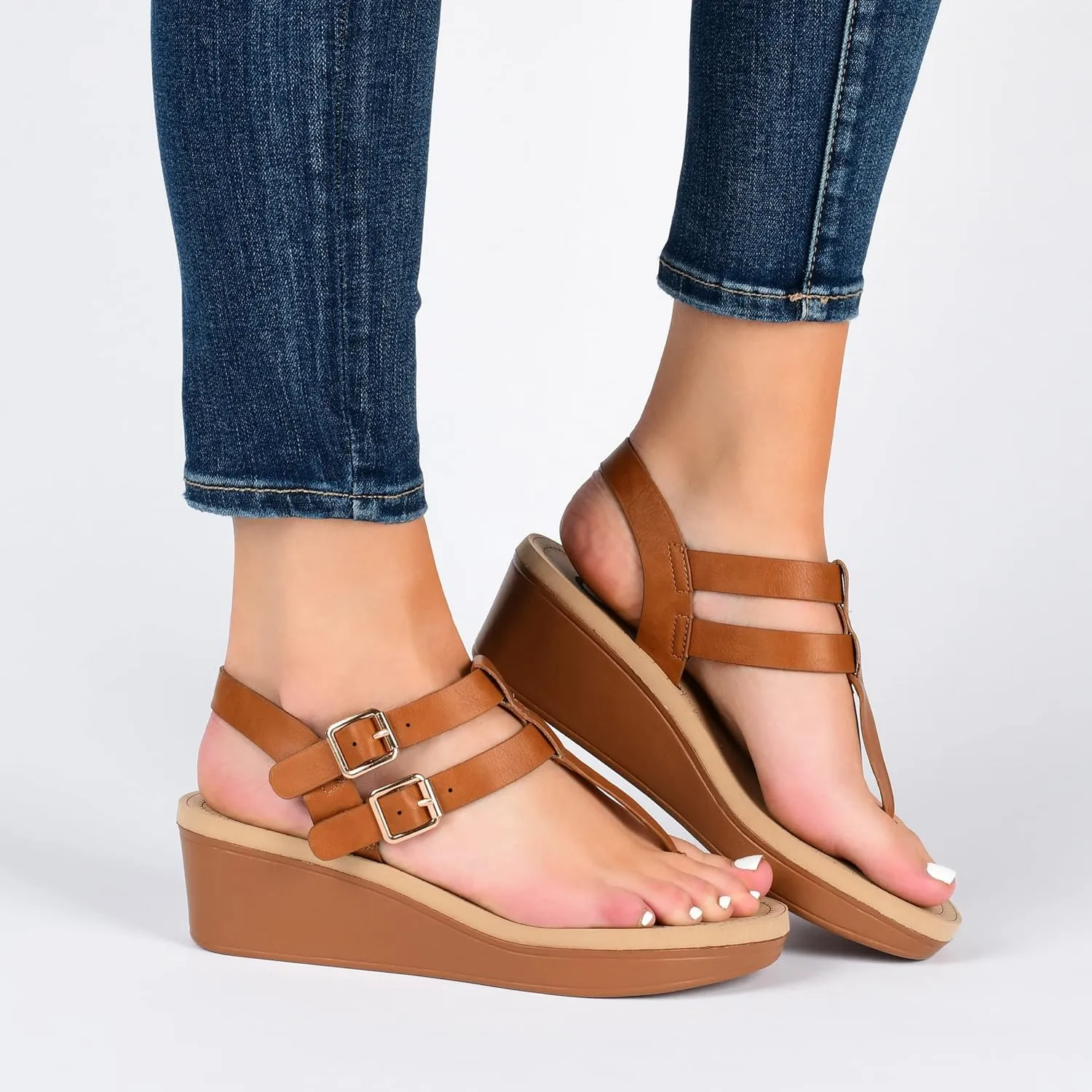 Journee Womens Strappy Platform Flip Flop Buckle Ankle Strap Bianca Comfort Wedge Heel Sandal
