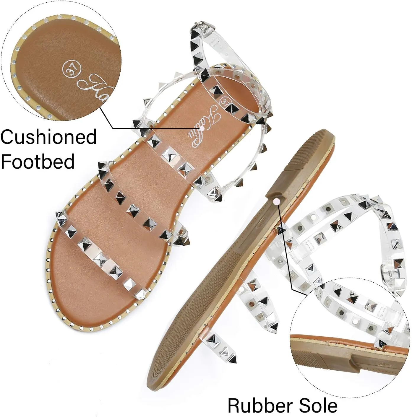 katliu Women's Flat Sandals Strappy Studded Sandals Gladiator Sandals with Ankle Strap