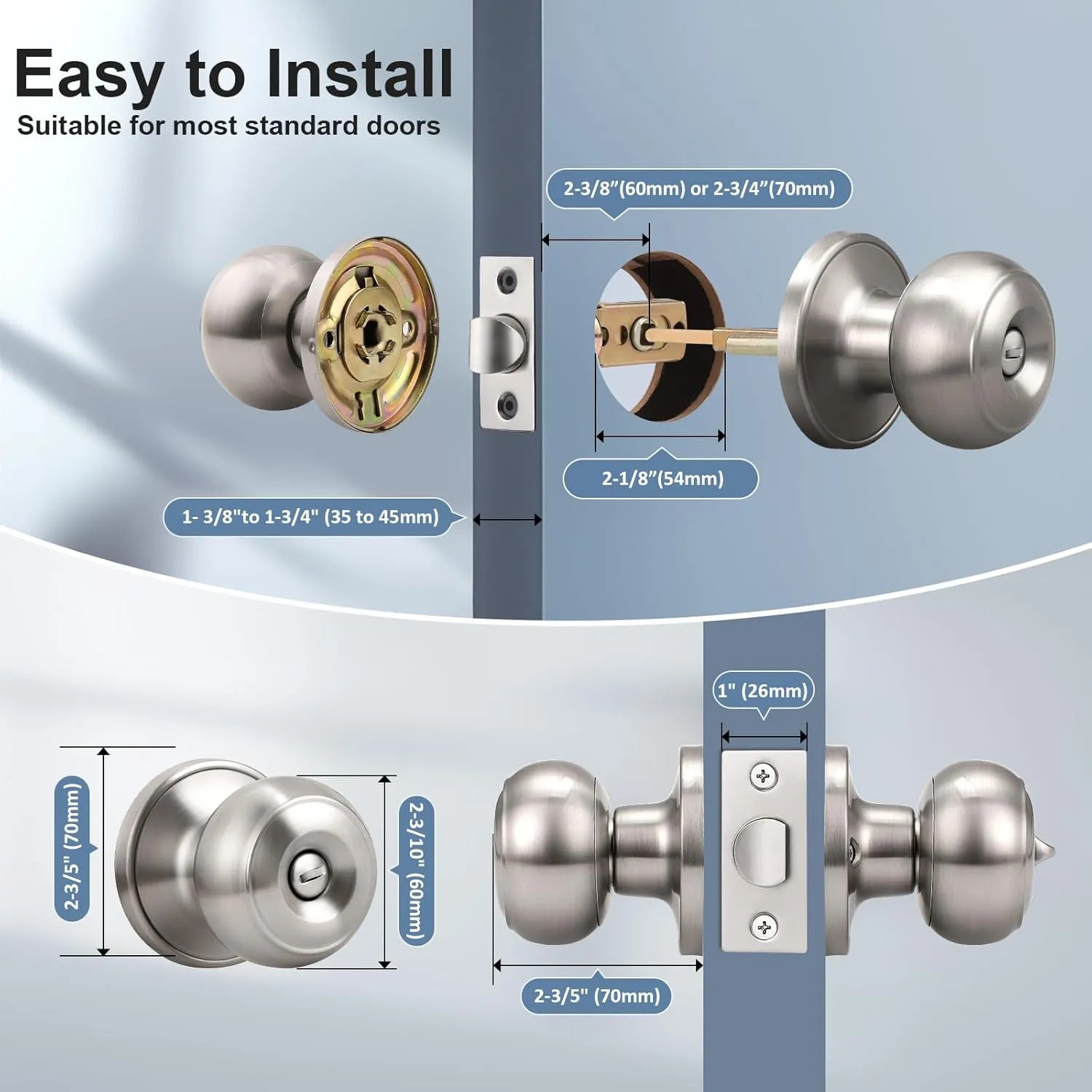 KNOBWELL 6 Pack Privacy Door Knob with Lock in Brushed Nickel Finish for Bedroom and Bathroom, Indoor Security Door Handle with Privacy Lock, Satin Nickel Interior Door Knobs