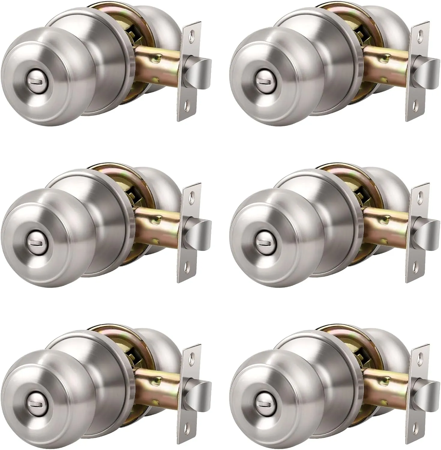 KNOBWELL 6 Pack Privacy Door Knob with Lock in Brushed Nickel Finish for Bedroom and Bathroom, Indoor Security Door Handle with Privacy Lock, Satin Nickel Interior Door Knobs