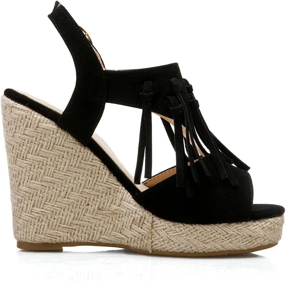KOKOMOMO Womens Faux Suede Tassel Wedge Espadrille Platform Peep Toe Cutout Sandals
