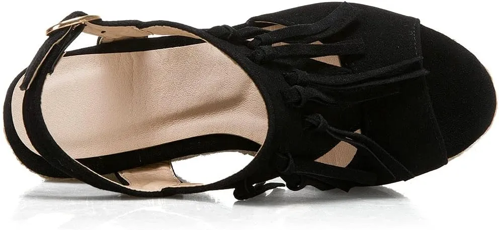 KOKOMOMO Womens Faux Suede Tassel Wedge Espadrille Platform Peep Toe Cutout Sandals