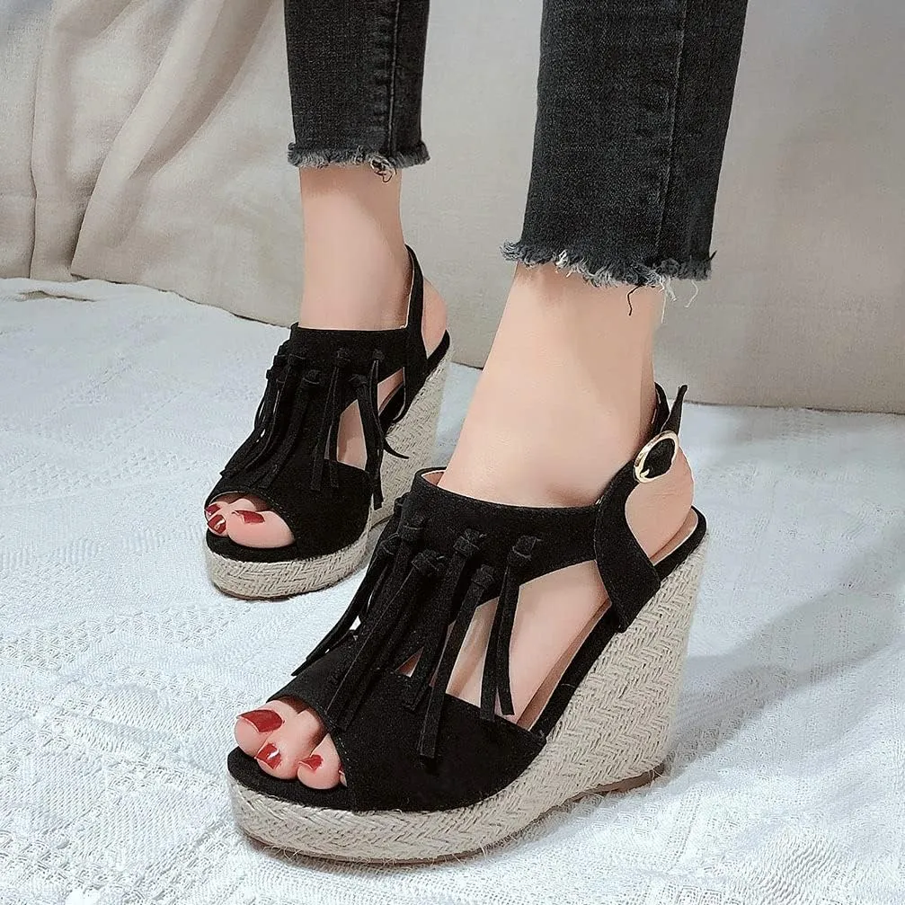 KOKOMOMO Womens Faux Suede Tassel Wedge Espadrille Platform Peep Toe Cutout Sandals