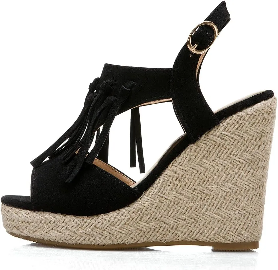 KOKOMOMO Womens Faux Suede Tassel Wedge Espadrille Platform Peep Toe Cutout Sandals