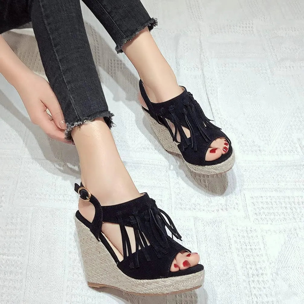 KOKOMOMO Womens Faux Suede Tassel Wedge Espadrille Platform Peep Toe Cutout Sandals