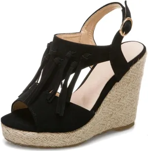 KOKOMOMO Womens Faux Suede Tassel Wedge Espadrille Platform Peep Toe Cutout Sandals
