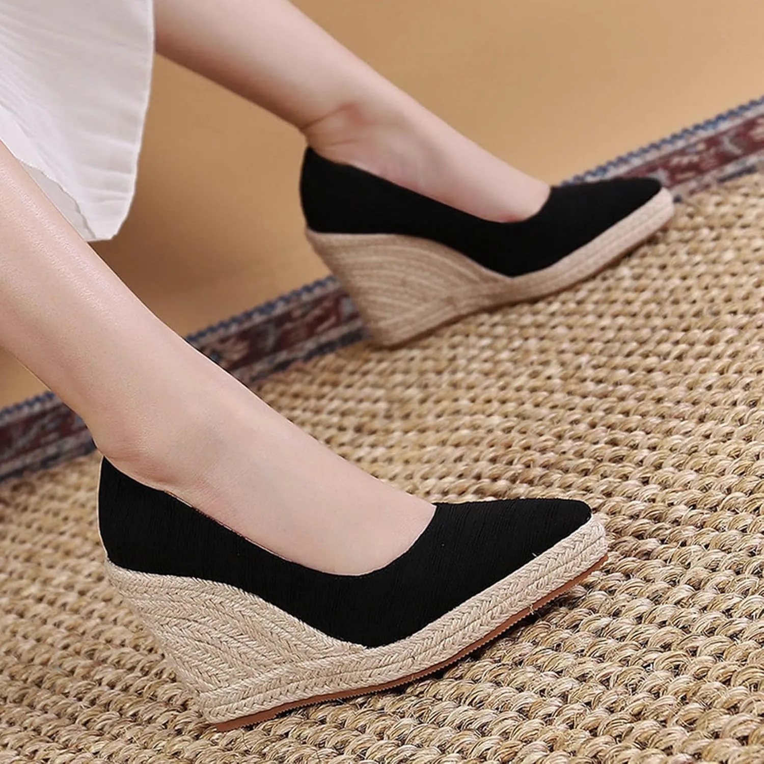 KOKOMOMO Womens Pointed Toe Espadrille Wedges Faux Suede Platform Pumps
