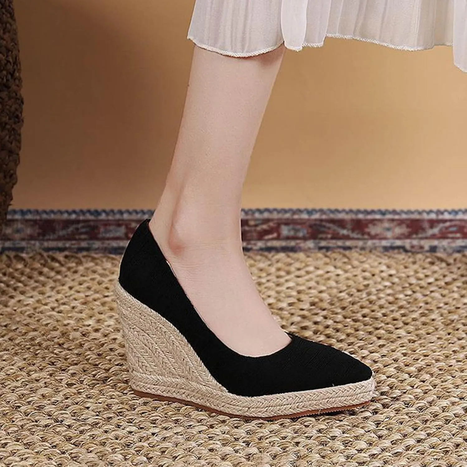 KOKOMOMO Womens Pointed Toe Espadrille Wedges Faux Suede Platform Pumps