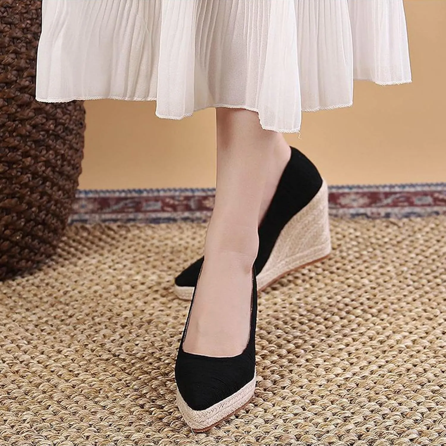 KOKOMOMO Womens Pointed Toe Espadrille Wedges Faux Suede Platform Pumps