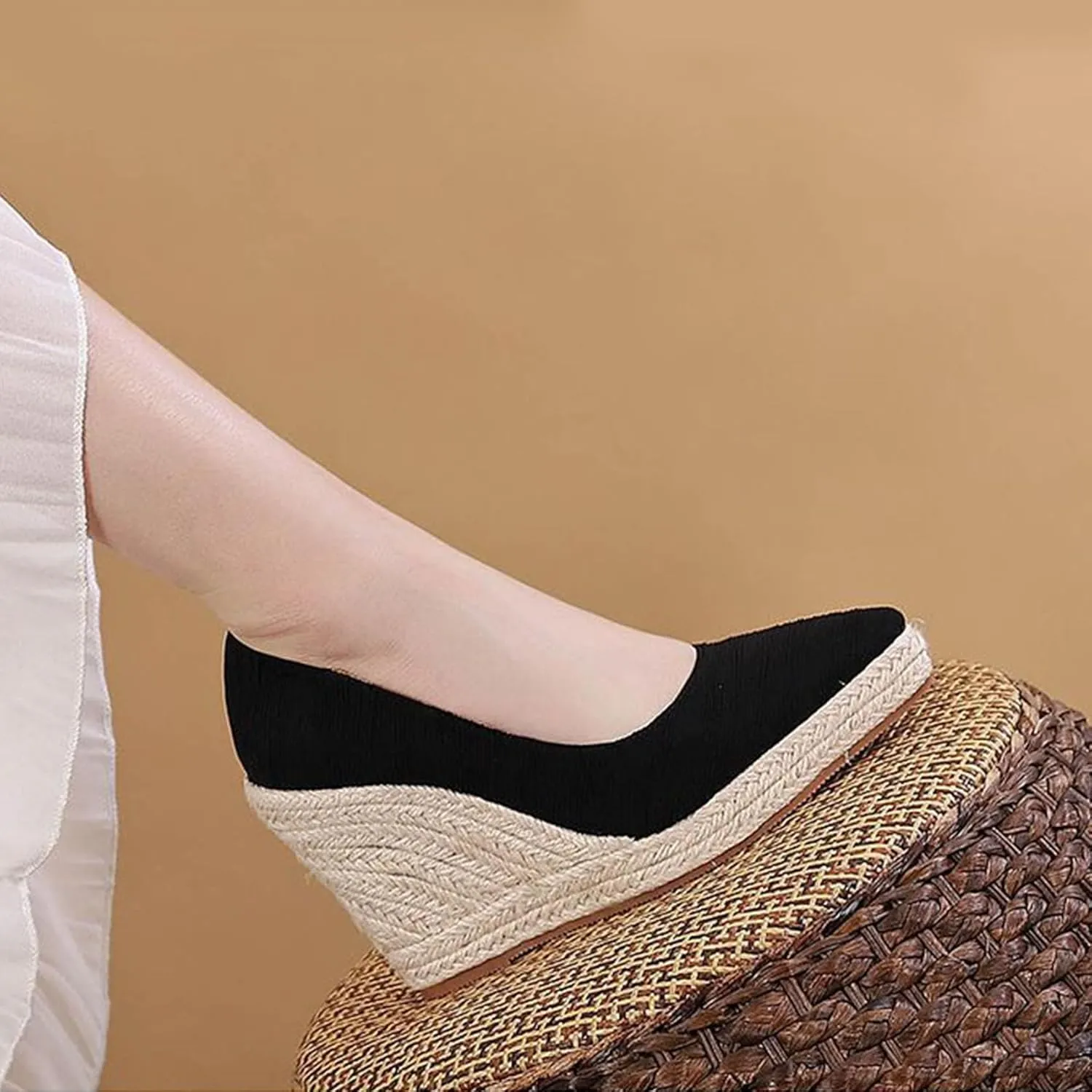 KOKOMOMO Womens Pointed Toe Espadrille Wedges Faux Suede Platform Pumps