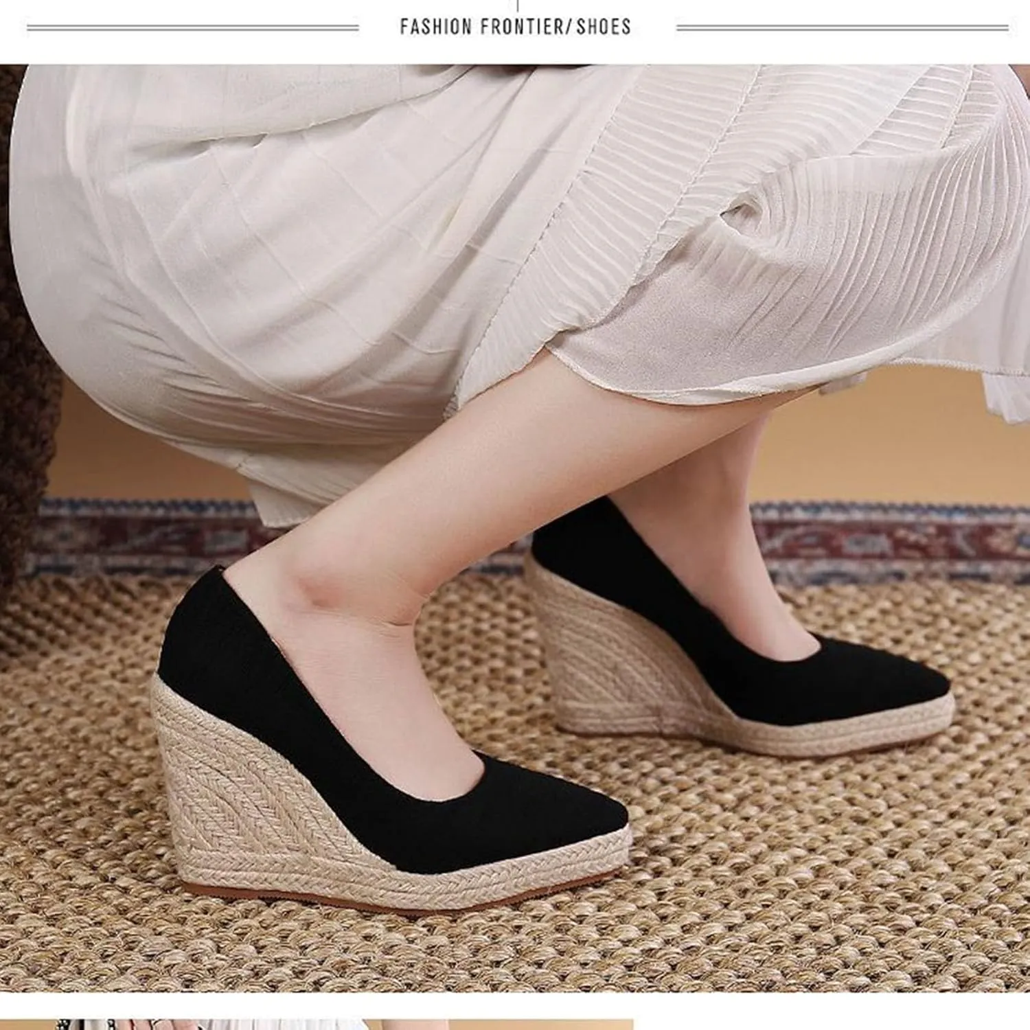 KOKOMOMO Womens Pointed Toe Espadrille Wedges Faux Suede Platform Pumps