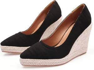 KOKOMOMO Womens Pointed Toe Espadrille Wedges Faux Suede Platform Pumps