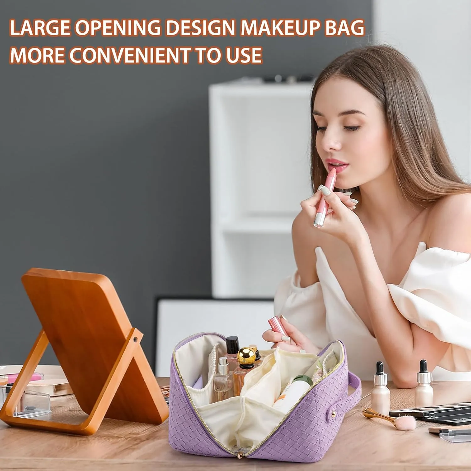 Large Capacity Travel Makeup Bag for Women, Waterproof Portable Cosmetic Bag with Compartments, Foldable Flat Lay Design for Easy Access, Perfect for Toiletries & Beauty Essentials (Purple)