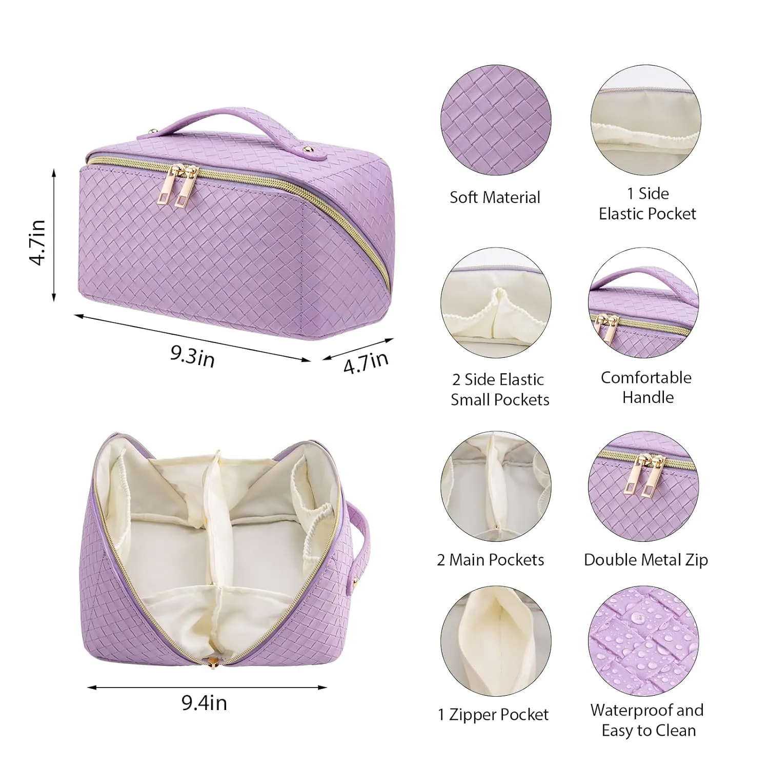 Large Capacity Travel Makeup Bag for Women, Waterproof Portable Cosmetic Bag with Compartments, Foldable Flat Lay Design for Easy Access, Perfect for Toiletries & Beauty Essentials (Purple)