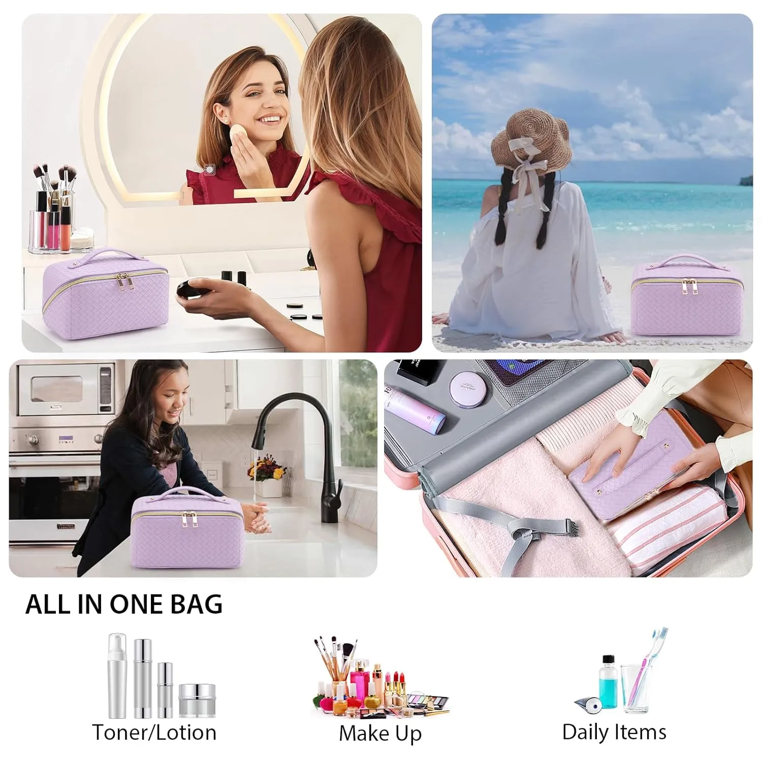 Large Capacity Travel Makeup Bag for Women, Waterproof Portable Cosmetic Bag with Compartments, Foldable Flat Lay Design for Easy Access, Perfect for Toiletries & Beauty Essentials (Purple)
