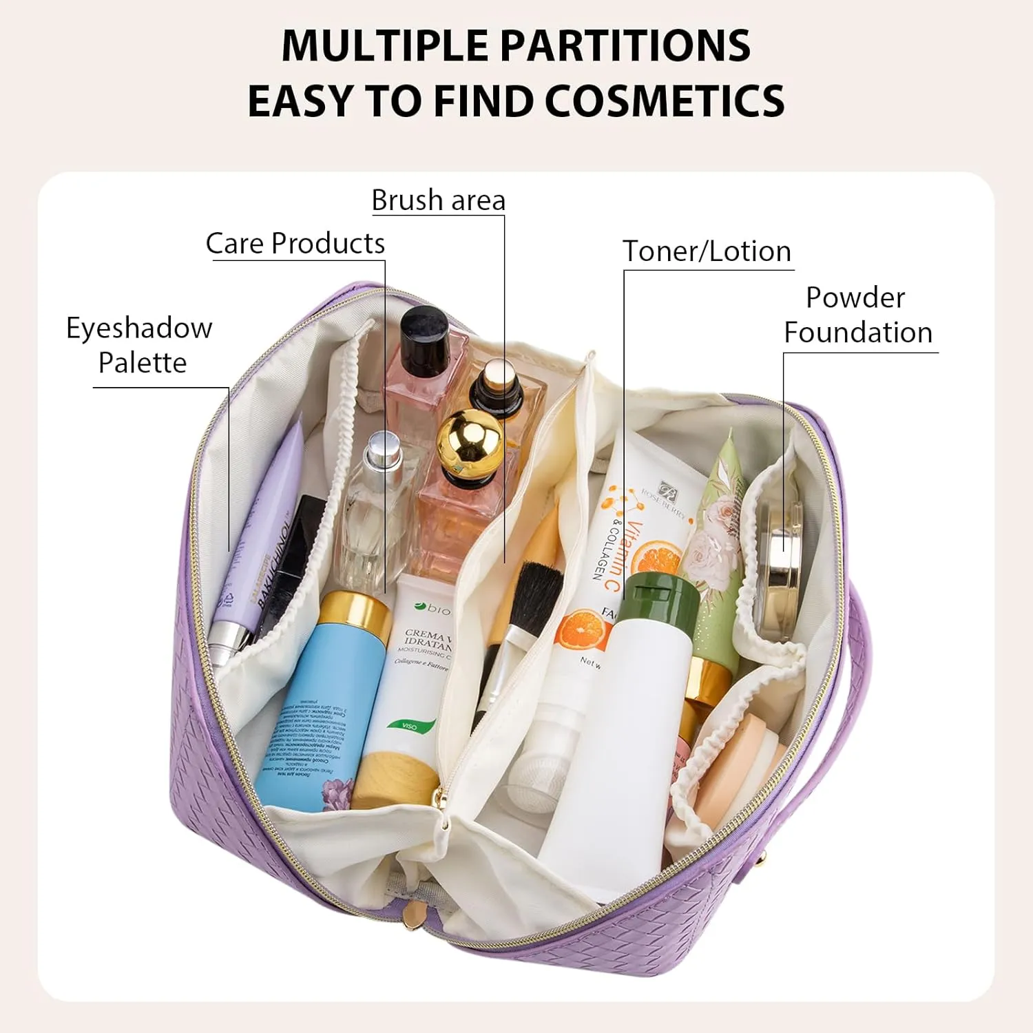 Large Capacity Travel Makeup Bag for Women, Waterproof Portable Cosmetic Bag with Compartments, Foldable Flat Lay Design for Easy Access, Perfect for Toiletries & Beauty Essentials (Purple)