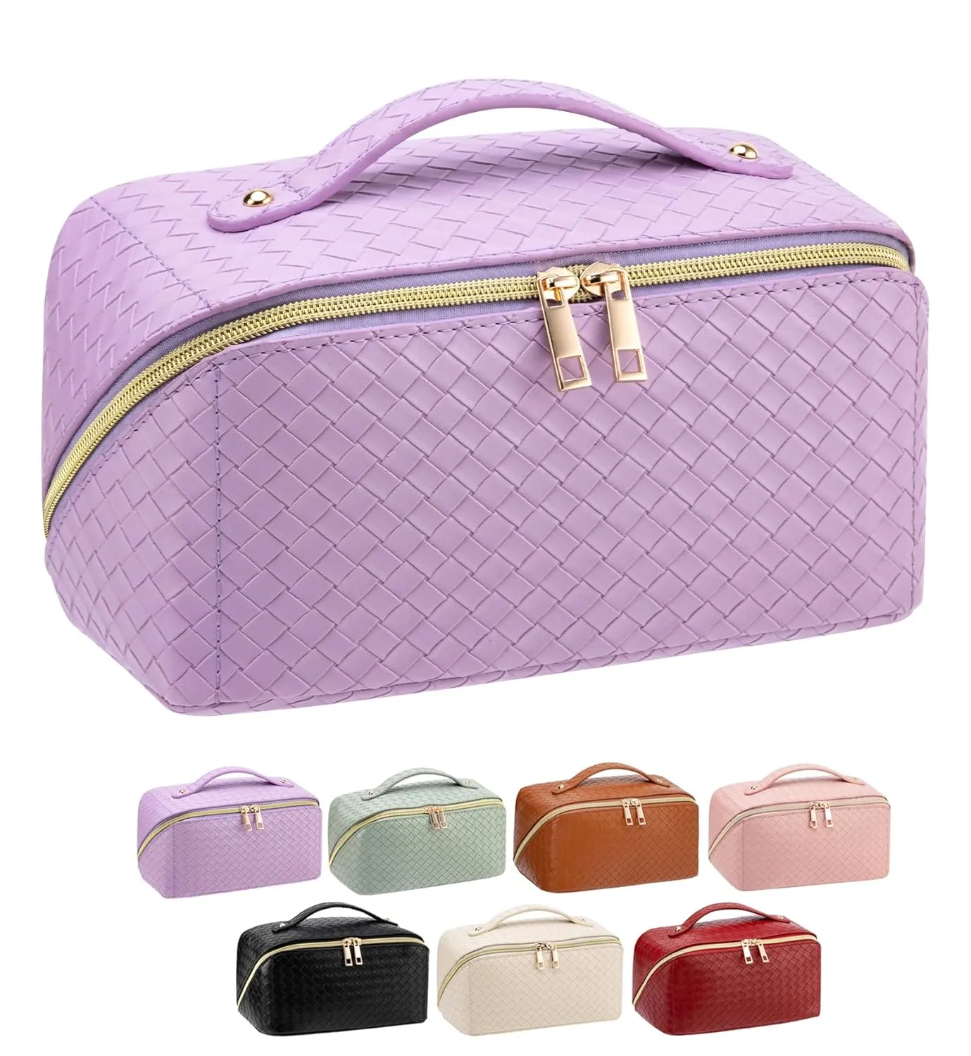 Large Capacity Travel Makeup Bag for Women, Waterproof Portable Cosmetic Bag with Compartments, Foldable Flat Lay Design for Easy Access, Perfect for Toiletries & Beauty Essentials (Purple)