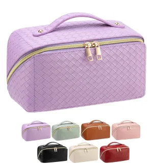 Large Capacity Travel Makeup Bag for Women, Waterproof Portable Cosmetic Bag with Compartments, Foldable Flat Lay Design for Easy Access, Perfect for Toiletries & Beauty Essentials (Purple)