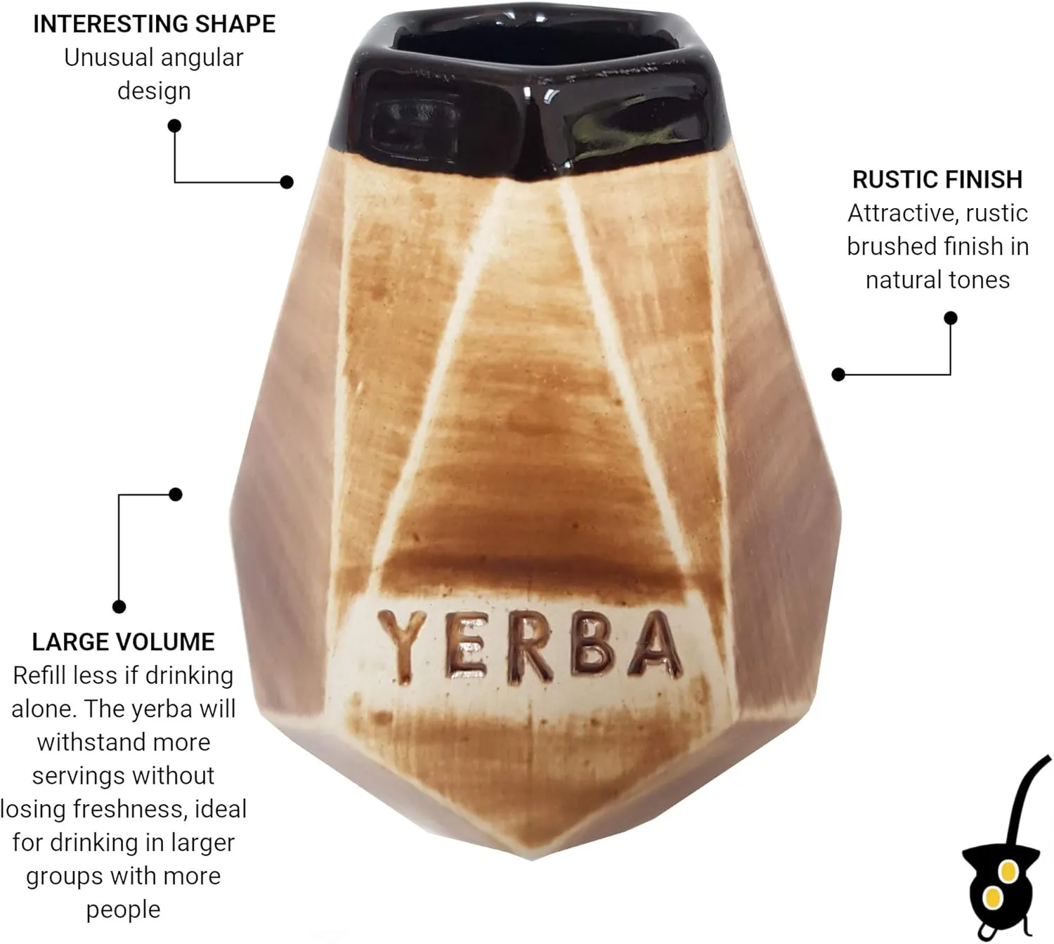 Large Ceramic Yerba Mate Prism Cup - Reusable, Slip-Proof Gripping and Easy Cleaning - Natural Tones Angular Mug - Retains Heat, Ideal for Teabags - for Home and Travel Use