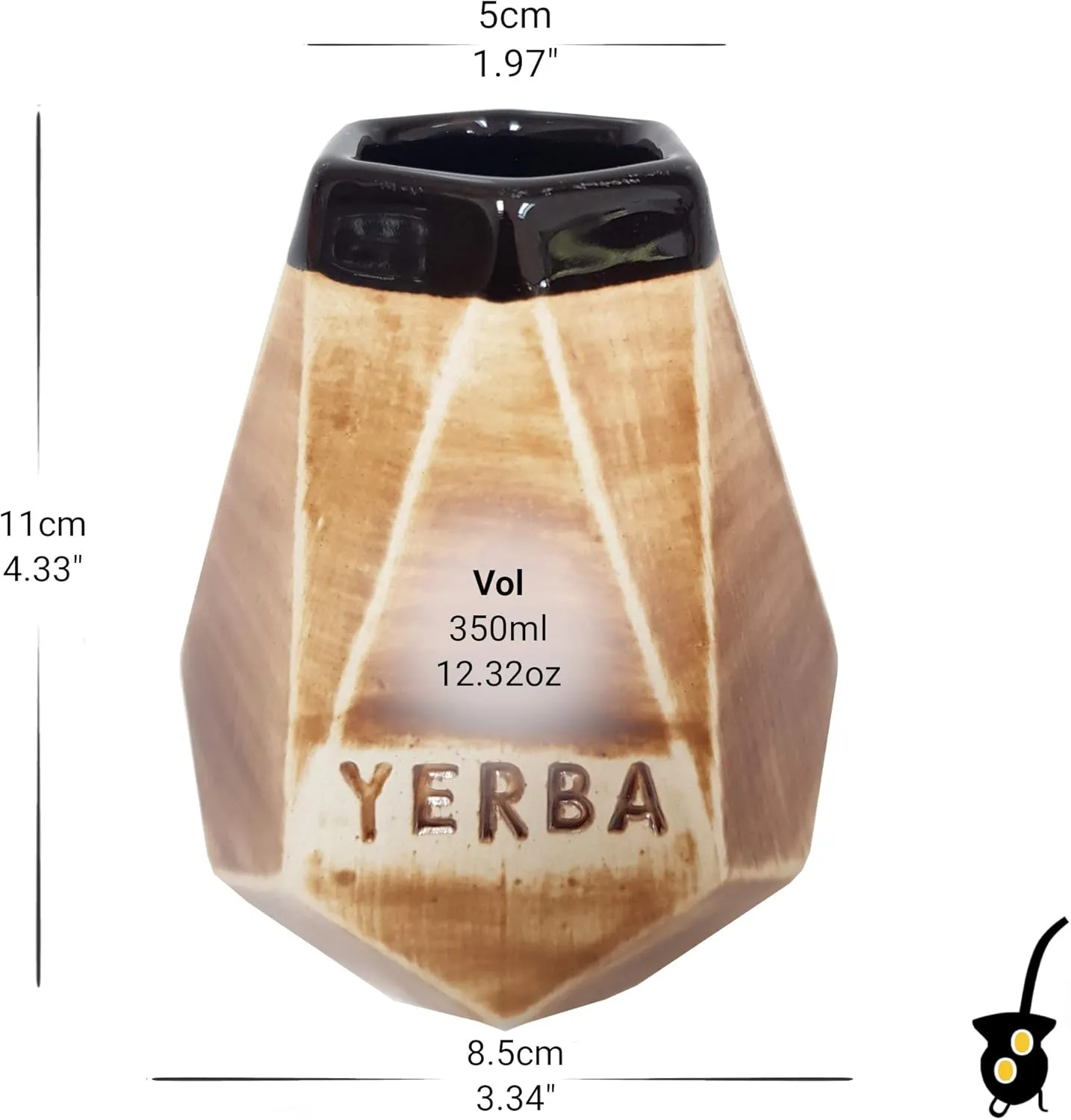 Large Ceramic Yerba Mate Prism Cup - Reusable, Slip-Proof Gripping and Easy Cleaning - Natural Tones Angular Mug - Retains Heat, Ideal for Teabags - for Home and Travel Use