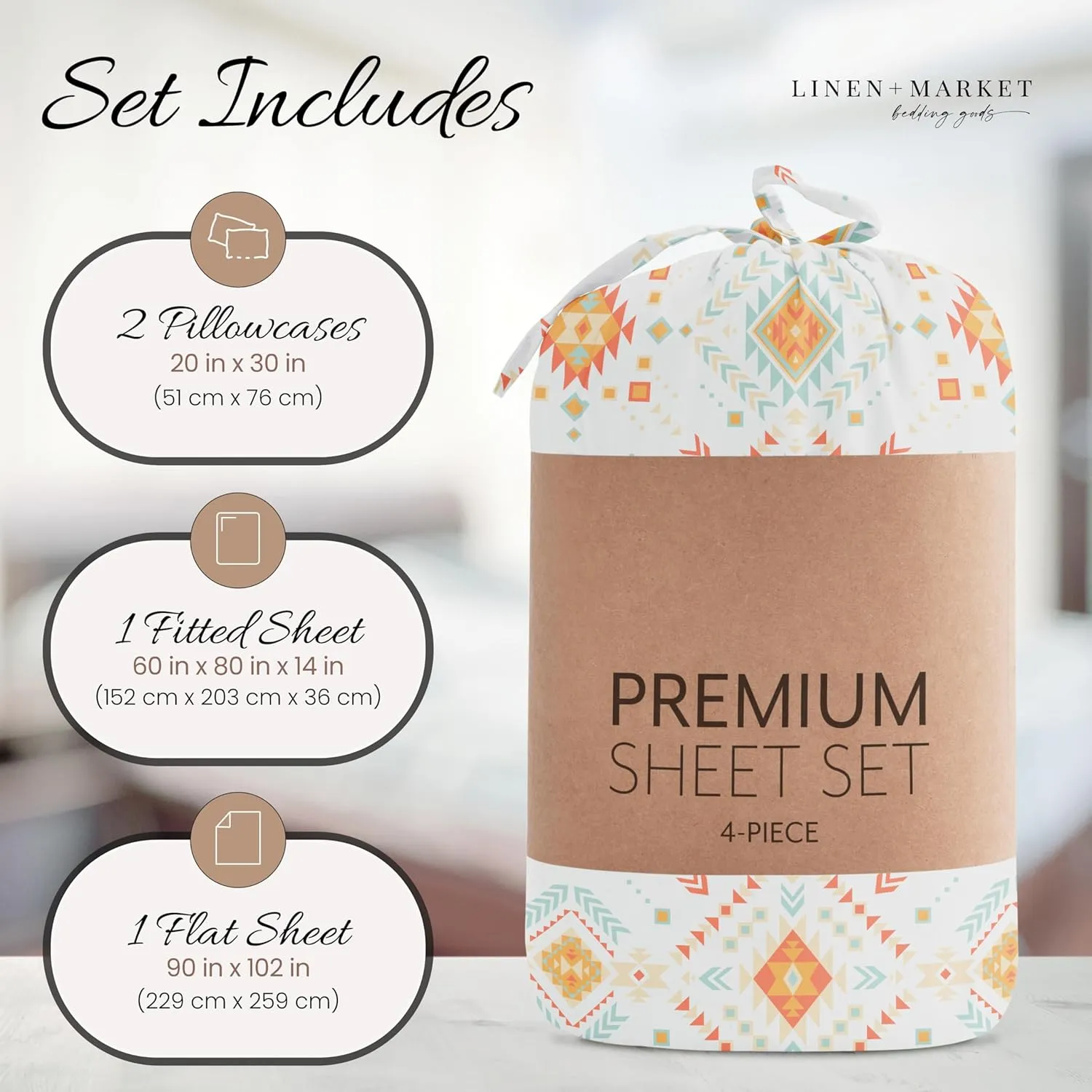 Linen Market Double-Brushed Patterned Microfiber Queen Sheet Set 4 Piece – Oeko-TEX Certified Ultra Soft & Wrinkle-Free - 16" Deep Pocket Sheets - Easy Care Queen Size - Aztec Dreams Coral