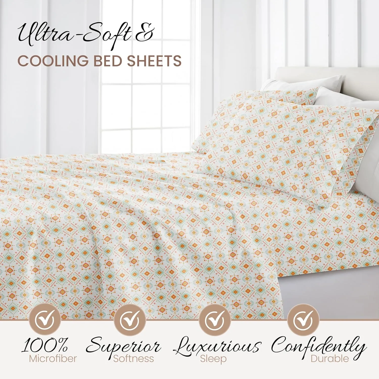 Linen Market Double-Brushed Patterned Microfiber Queen Sheet Set 4 Piece – Oeko-TEX Certified Ultra Soft & Wrinkle-Free - 16" Deep Pocket Sheets - Easy Care Queen Size - Aztec Dreams Coral