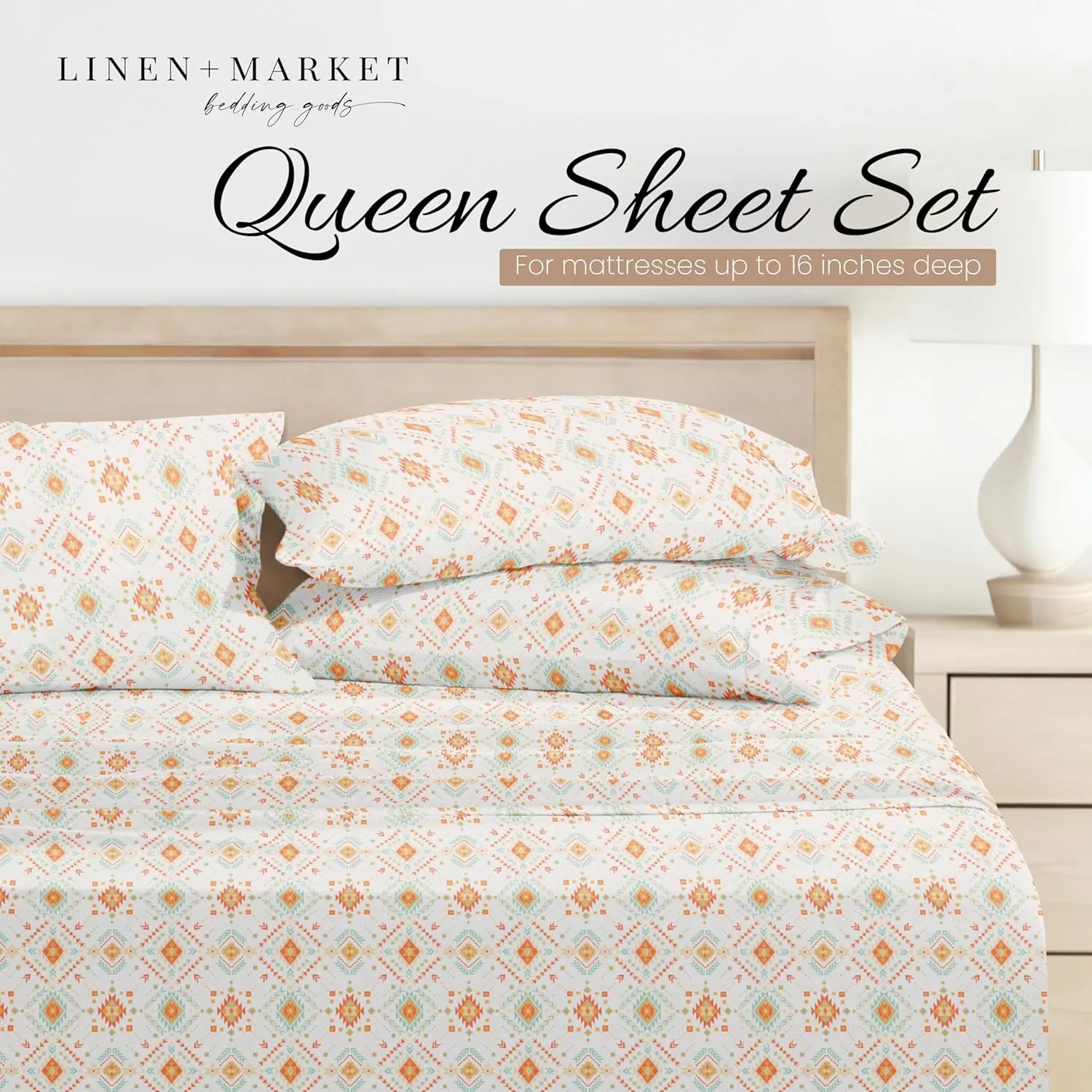 Linen Market Double-Brushed Patterned Microfiber Queen Sheet Set 4 Piece – Oeko-TEX Certified Ultra Soft & Wrinkle-Free - 16" Deep Pocket Sheets - Easy Care Queen Size - Aztec Dreams Coral