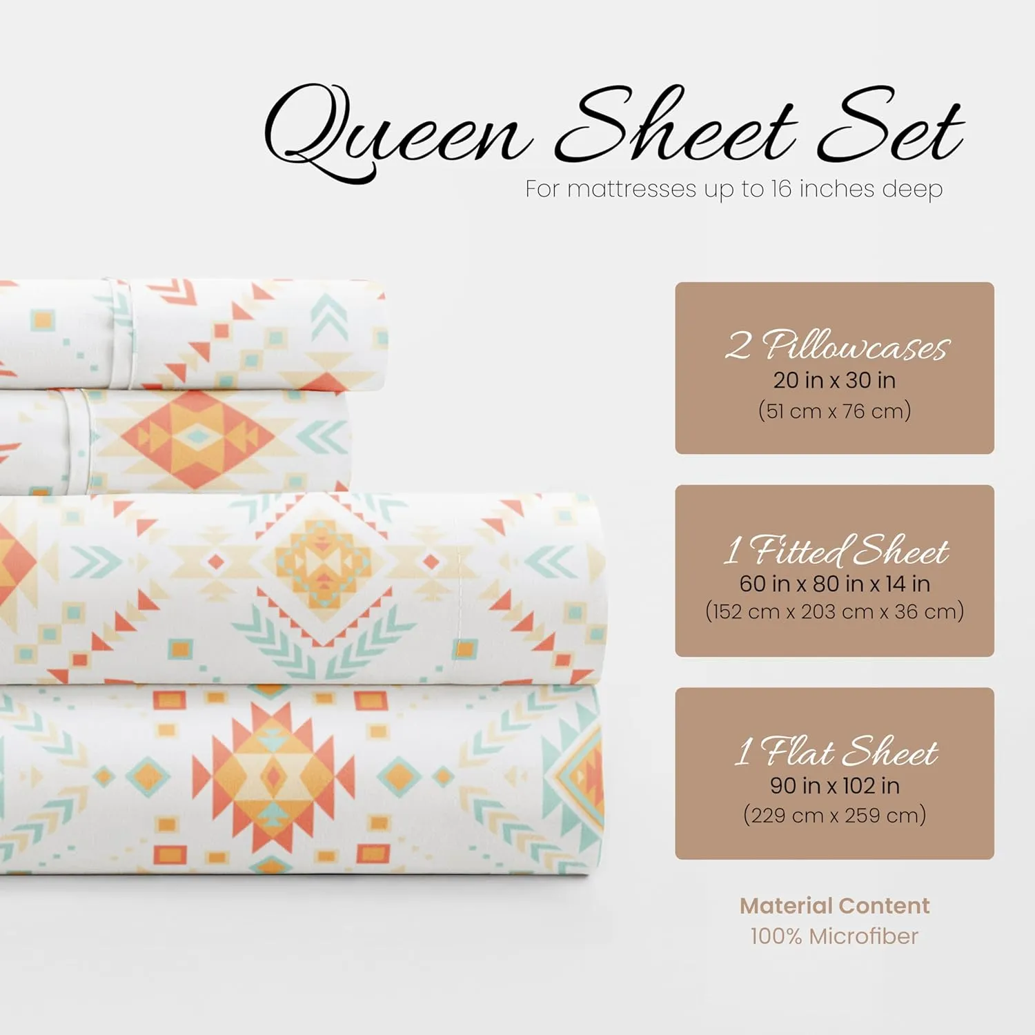 Linen Market Double-Brushed Patterned Microfiber Queen Sheet Set 4 Piece – Oeko-TEX Certified Ultra Soft & Wrinkle-Free - 16" Deep Pocket Sheets - Easy Care Queen Size - Aztec Dreams Coral