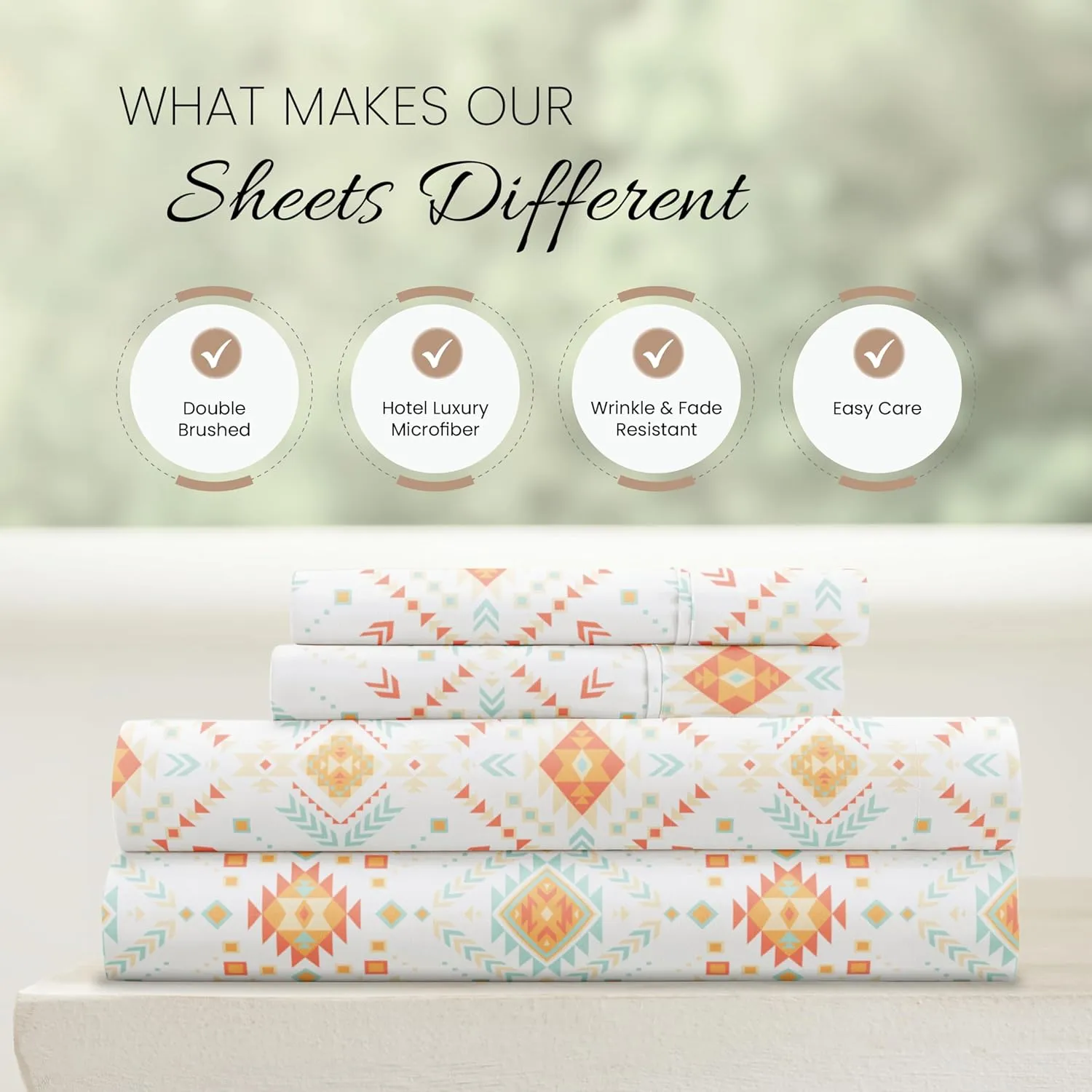 Linen Market Double-Brushed Patterned Microfiber Queen Sheet Set 4 Piece – Oeko-TEX Certified Ultra Soft & Wrinkle-Free - 16" Deep Pocket Sheets - Easy Care Queen Size - Aztec Dreams Coral