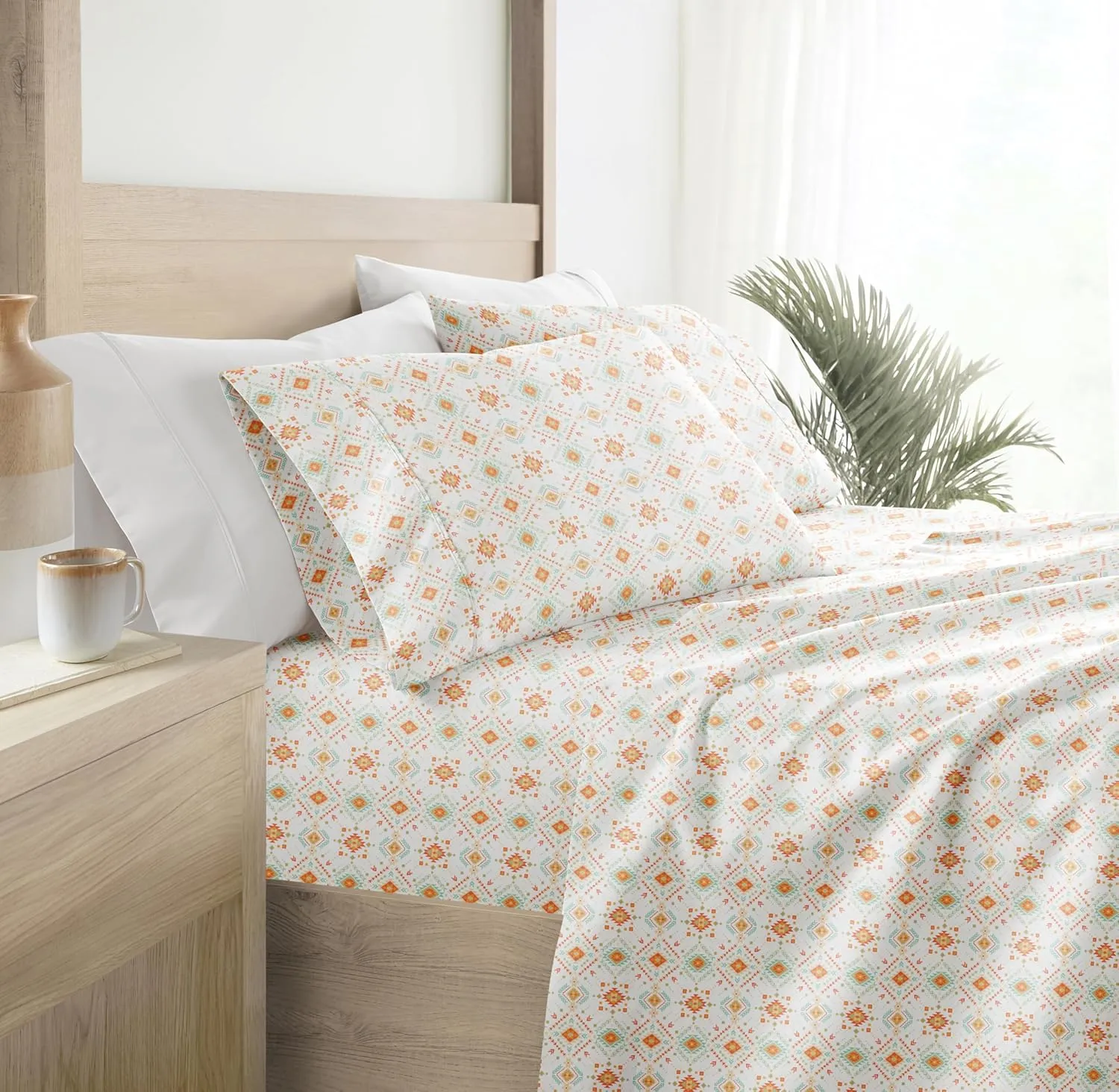 Linen Market Double-Brushed Patterned Microfiber Queen Sheet Set 4 Piece – Oeko-TEX Certified Ultra Soft & Wrinkle-Free - 16" Deep Pocket Sheets - Easy Care Queen Size - Aztec Dreams Coral