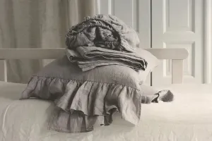Linen Sheet Set with One Side Ruffled Pillowcases