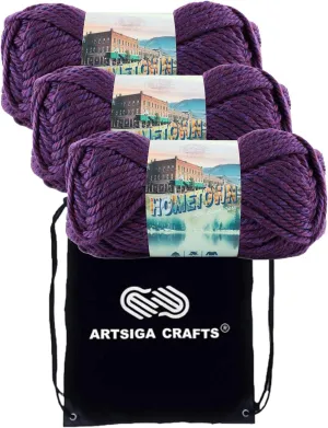 Lion Brand Hometown Portland Wine 135-148 (3-Skeins - Same Dye Lot) #6 S Bulky Acrylic Yarn for Crocheting and Knitting with Project Bag