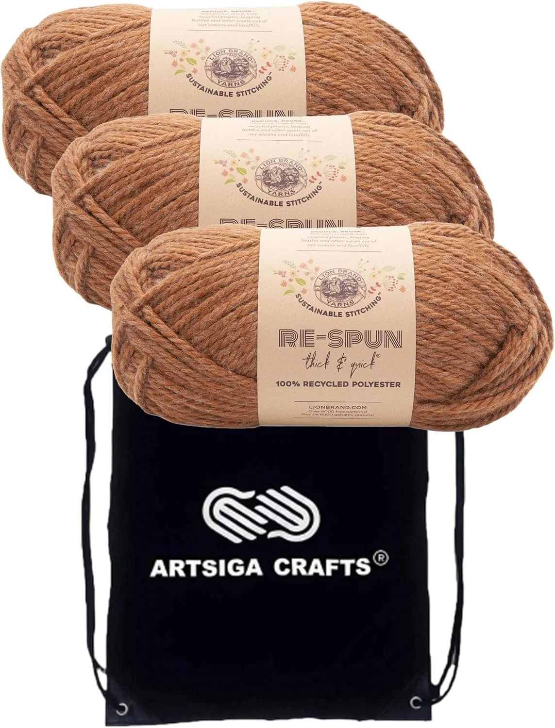Lion Brand Re Spun Thick & Quick Cider 843-125 (3-Skeins - Same Dye Lot) Weight S Bulky #6 Polyester Yarn for Crocheting and Knitting with Project Bag